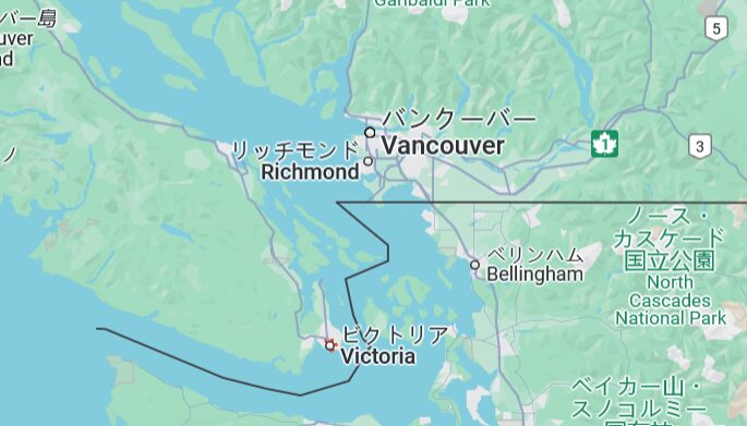ビクトリアの位置を示す地図を拡大したものバンクーバーの南西に位置している